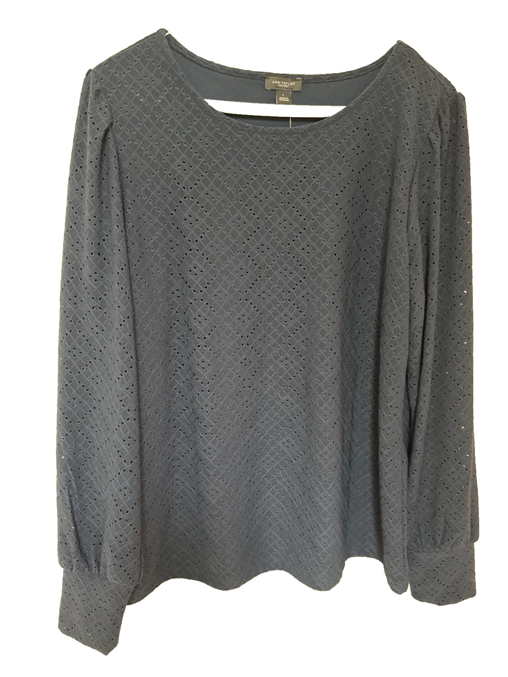 NWT Ann Taylor Factory Navy Eyelet Long Sleeve Blouse Size L Coquette Cottage